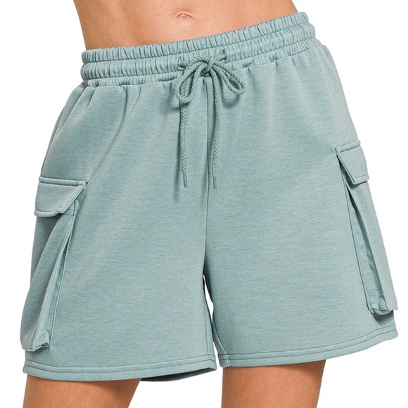 Zenana Outfitters Pants - Zenana Scuba Thigh Pocket Shorts Blue Gray